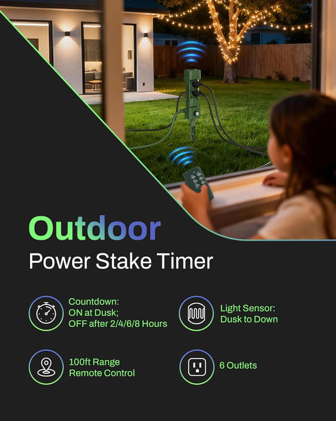 BN-LINK 100FT 6 6ft 1875W/15A,Christmas Outdoor Power Stake Timer, Wireless Remote Control, Dusk to Dawn Sensor