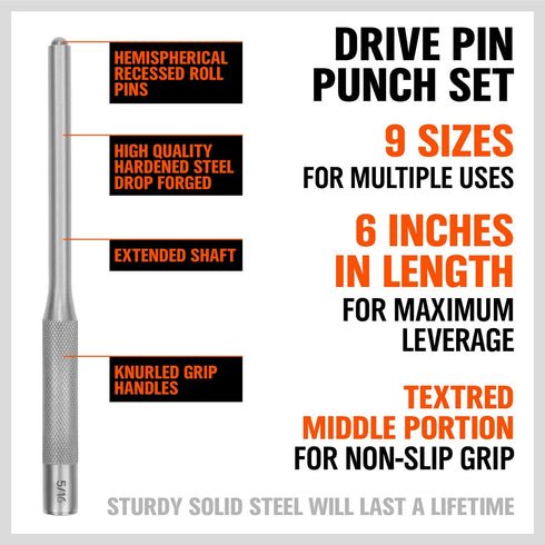 9-Piece Set Roll Pin Punch - Fast Pin Removal - Durable Steel & Construction - For Automotive, Firearm Maintenance