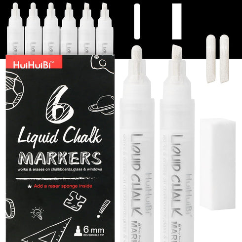 Liquid Chalk Markers for Chalkboards, 6 White Dry Erase Marker Pens for Signs, Windows, and Glass