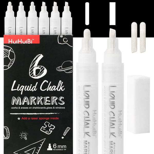 Liquid Chalk Markers for Chalkboards, 6 White Dry Erase Marker Pens for Signs, Windows, and Glass