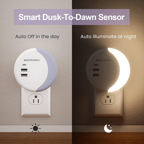 Dimmable 3 ROOTOMA Led Night Light Plug Into Wall, Night Light for Kids with USB Wall Charger Ports,Smart Dusk to Dawn