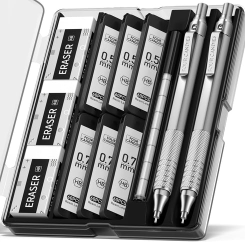 Four Candies 2PCS Metal Mechanical Pencils Set with Case, 0.5mm & 0.7mm Artist Pencil with 6 Tubes HB Lead