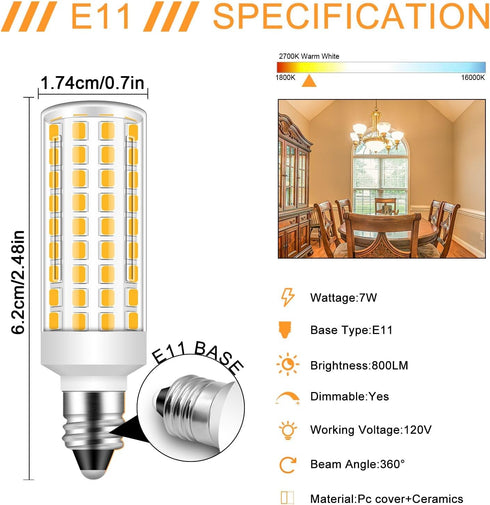 E11 LED Bulb Dimmable,JDE11 75W Halogen Bulbs Equivalent,T4 Mini Candelabra LED Bulb Dimmable 7.5W 800LM,Warm White 3000K,120V 75W 100W JDE11 LED for Ceiling Fans,Chandeliers,Cabinet Lighting,4 Pack by ZHENMING
