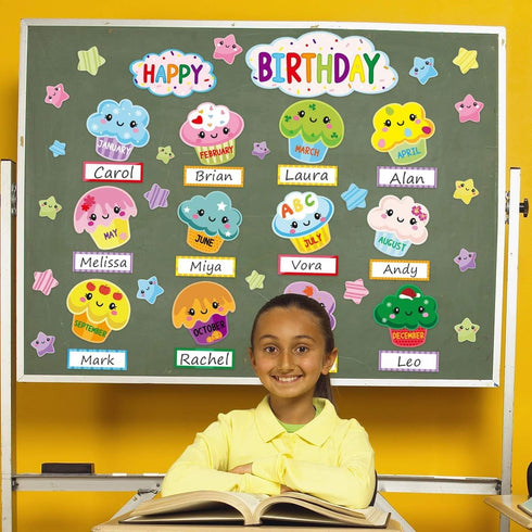 Fancy Land Happy Birthday Bulletin Board Set, Sweet Bright Color Cupcake Classroom Decoration 78 Pieces