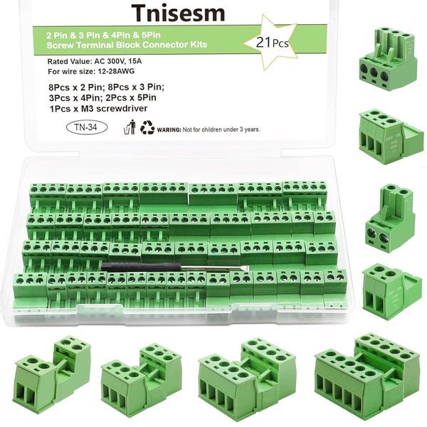 Tnisesm 21Pcs Screw Terminal Block Connector Kit, 5.08mm Pitch Pluggable (2Pin 3Pin 4Pin 5Pin) 300V 15A for 28-12AWG