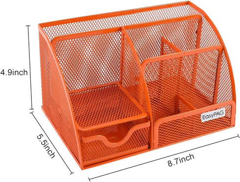 EasyPAG Orange Desk Organizer, Mesh Caddy with 6 Compartments and 1 Drawer for Office, Home, School