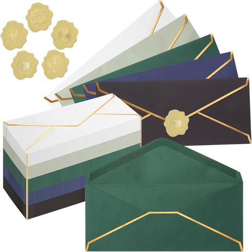 Jetec 100 Pcs #10 Colorful Business Mailing Envelopes with Gold Border and Stickers for Graduation Wedding Invitations