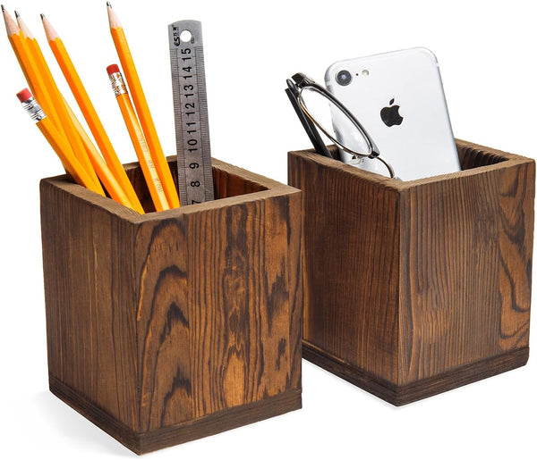 MyGift Set of 2 Natural Grain Wood Desktop Pen Holder, Pencil Holder Cup, Office Desk Organizer