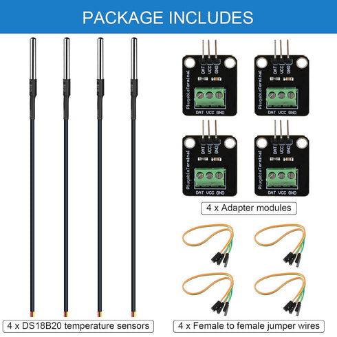 Weewooday 4 Sets DS18B20 Temperature Sensor Module Kit, Waterproof Digital Stainless Steel Probe, -55 to +125 Degrees