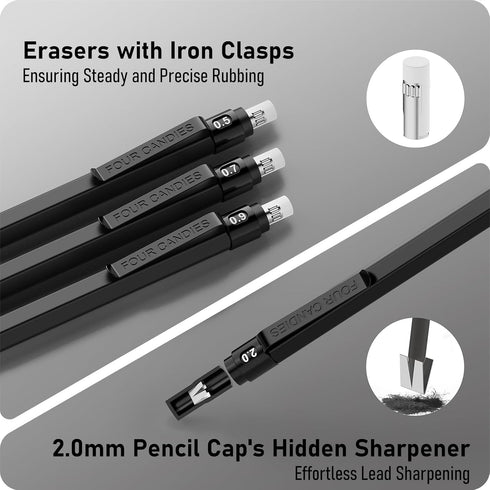 Four Candies Metal Mechanical Pencil Set, 3PCS Art Drafting Pencils & 2PCS 2MM Mechanical Drawing Pencils