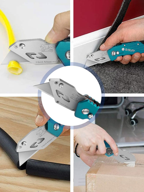 BIBURY Utility Knife, Heavy Duty Folding Box Cutter, Pocket Carpet Cutter with 10 Extra SK5 Blades, Green