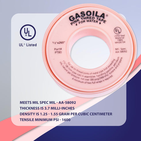 Gasoila Pink PTFE Thread Seal Tape, 1/2 Inch x 260 Inch Roll, Professional-Grade for Water Lines