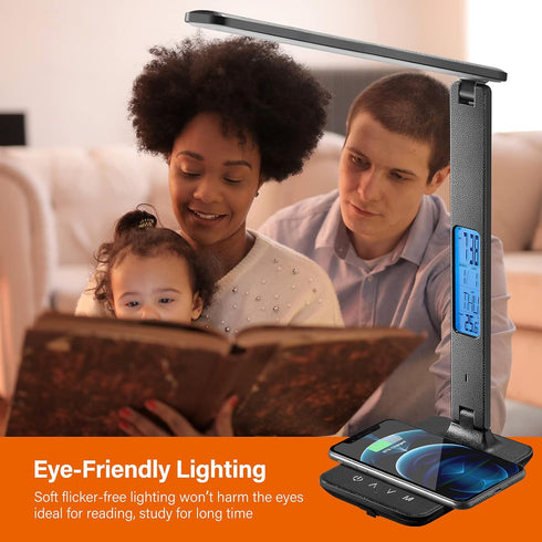 poukaran LED Desk Lamp with Wireless Charger, USB Charging Port, Table Lamp with Clock, Alarm, Date, Temperature, Desk