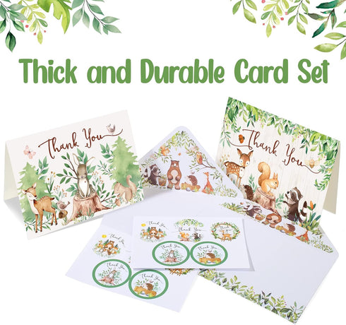 Hunanyume 50 Pack 4x6 Inch Woodland Thank You Cards with Envelopes & Stickers - Cute Forest Animals Assorted Bulk