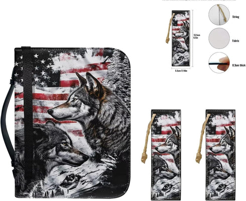 Wolf American Flag Bible Case for Men, Leather Bible Cover Bags for Adults with 2 Bookmark, Waterproof Protective