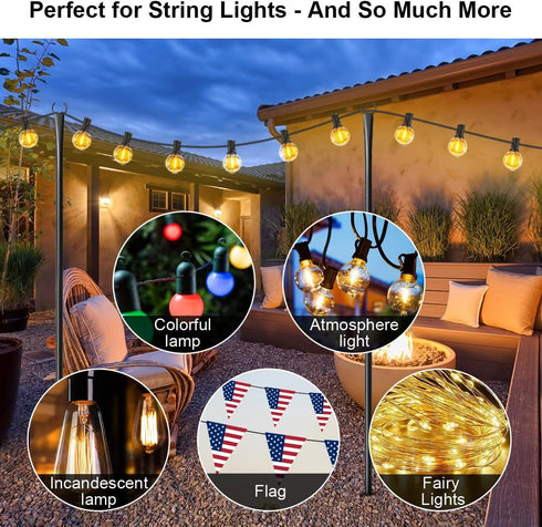 2 Pack Set Heavy-Duty String Light Poles for Outside with Fork, Adjustable Lighting Hanging Post Accessories for Patio