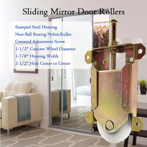 Sliding Mirror Door Rollers Assembly, Fit Contractors Part #W8020C, 1-1/2" Nylon Concaved Wheels, 2 Pack