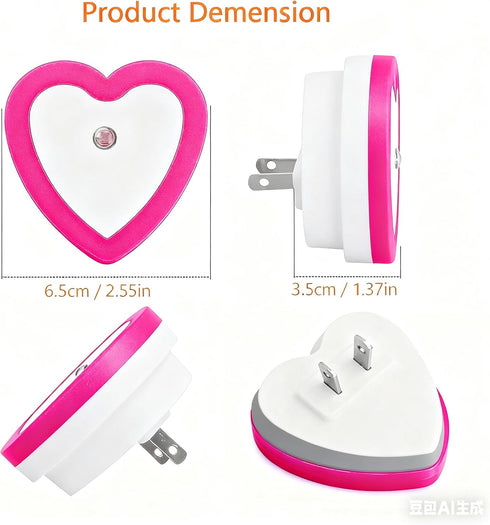 in(2-Pack), 0.5W LED Night Lights Plug Dusk to Dawn Sensor Auto-On/Off, Cute Nightlight Heart Shaped for Bedroom