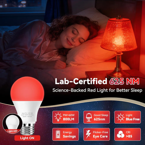 625nm Bulb 100% Bulb A19 9W 60W Bulb 1PK Neporal Red Light for Sleep, Blue Light Blocking for Melatonin Promote, LED
