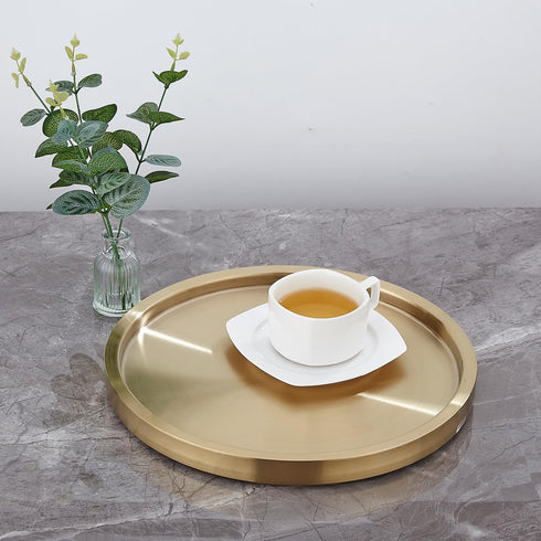 12.5",Double Stainless Steel Round Bar Serving Tray Wall,Ideal Coffee Table, Decorative,Rotisserie Plate, Tea