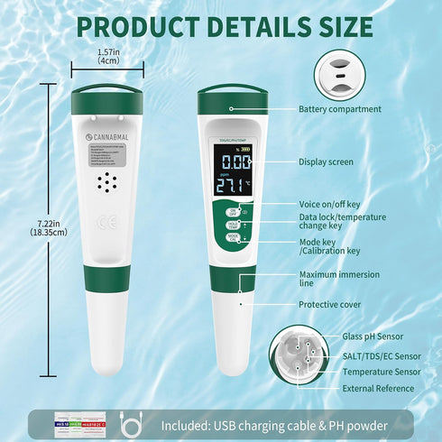 5-in-1 Swimming Digital PH Meter, with Voice Function, PH/TDS/EC/Temp/Salt Pool Salt Tester, Waterproof & Rechargeable