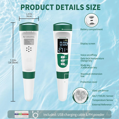 5-in-1 Swimming Digital PH Meter, with Voice Function, PH/TDS/EC/Temp/Salt Pool Salt Tester, Waterproof & Rechargeable