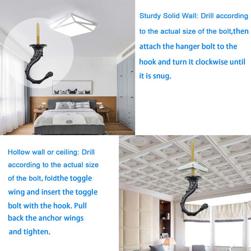 Eilumduo 65mm Ceiling Hooks, Heavy Duty Swag Hook with Steel Screws for Hanging Plants, Black (2 Sets)