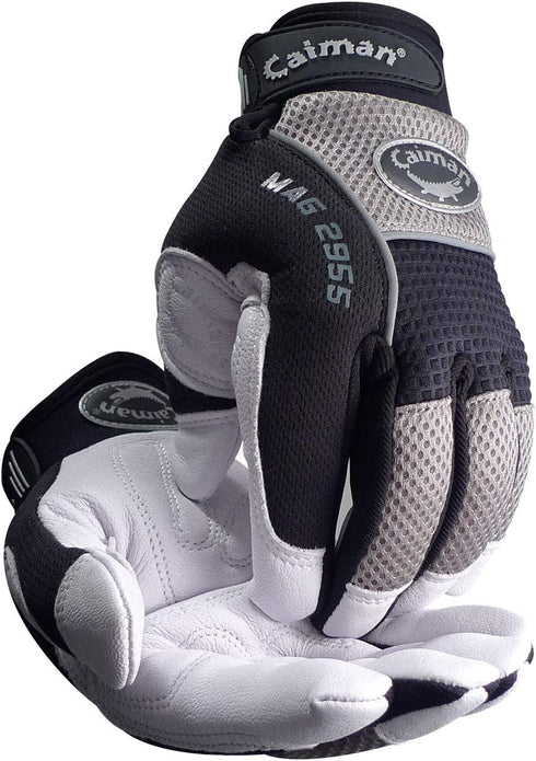 Caiman MAG Multi-Activity Glove, Padded Goat Grain Leather Palm, AirMesh Back, Reflective Neoprene Knuckles, White/Black