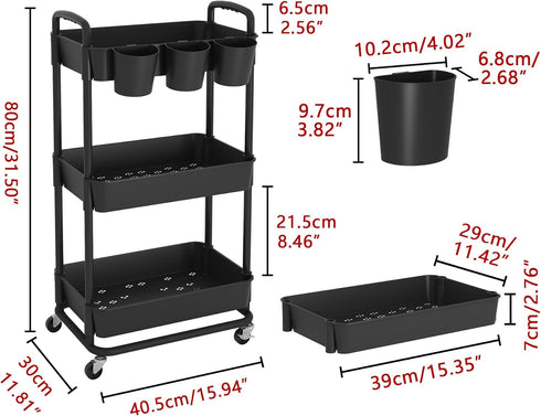JIUYOTREE 3-Tier Plastic Rolling Storage Cart, Utility Cart with Extra Hanging Cups and Lockable Wheels for Kitchen and