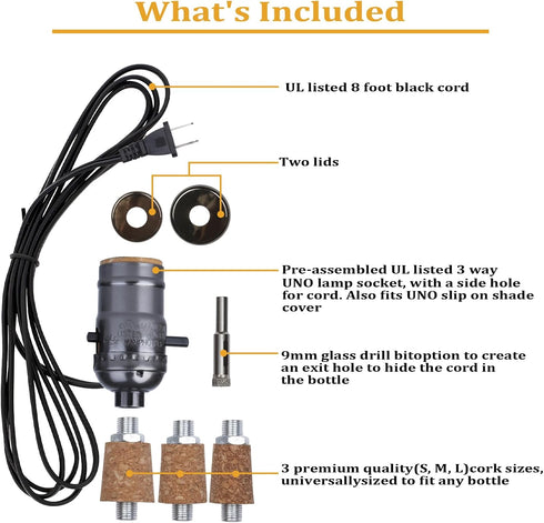 Bottle Lamp Kit with 9mm Glass Drill bit DIY Lamp Kit for Liquor Bottles with Slip on Socket and 8 Feet Power Cord,No Drilling Required by Aokpsrt