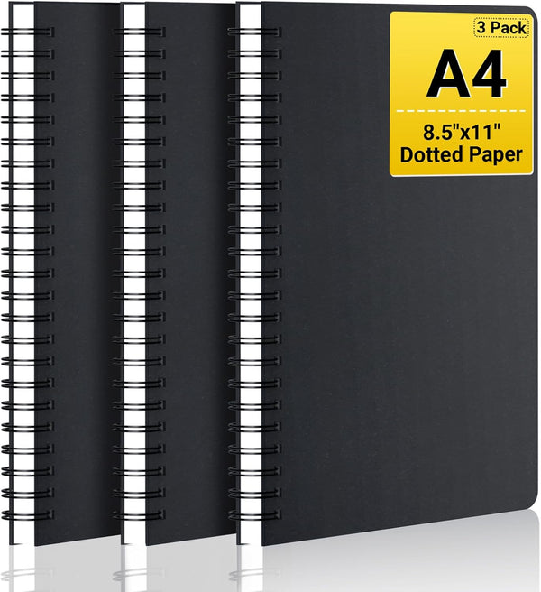 EUSOAR Large A4 Spiral Notebook, 3 Packs, 11" x 8.5", 120 Pages Dot Grid for Sketching, Math, College Office