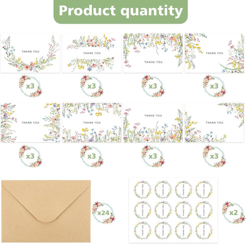 Abilat 24 Pack 4x6 Inch Floral Thank You Cards with Envelopes & Matching Stickers Blank Wildflower Thank You Notes