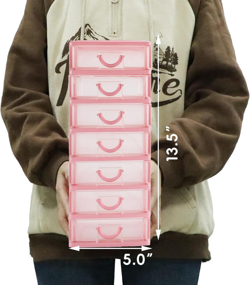 Rempry Mini Plastic Organizer with 7 Clear Drawers, Small Storage Drawers Containers for Desk, Counters, Cabinets, Pink