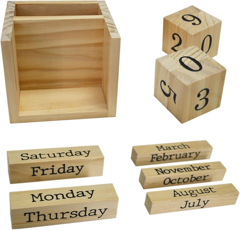 Wooden Blocks Perpetual Calendar with Pen Holder, Natural Pine Wood Desk Organizer