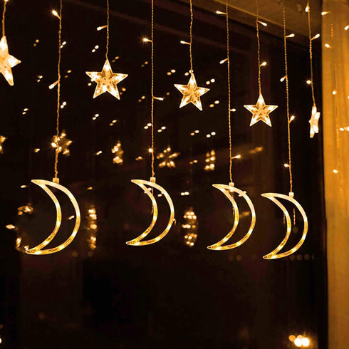 138 8.2ft 3.2ft 8 Dazzle Bright Ramadan Curtain String Lights, LED x Warm White Star Moon Lighting Modes Fairy Lights