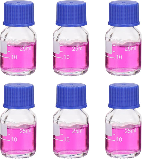 PATIKIL 6 Pack Reagent Media Storage Bottles, 25ml Borosilicate Glass with GL32 Blue Screw Cap for Lab