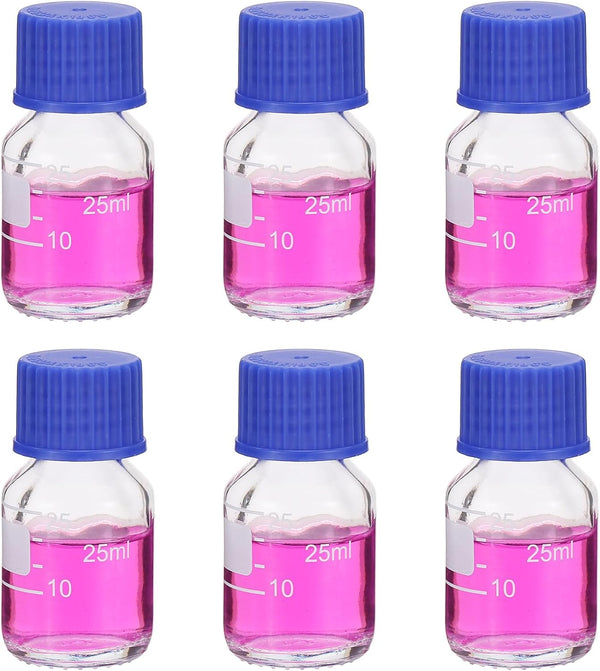 PATIKIL 6 Pack Reagent Media Storage Bottles, 25ml Borosilicate Glass with GL32 Blue Screw Cap for Lab