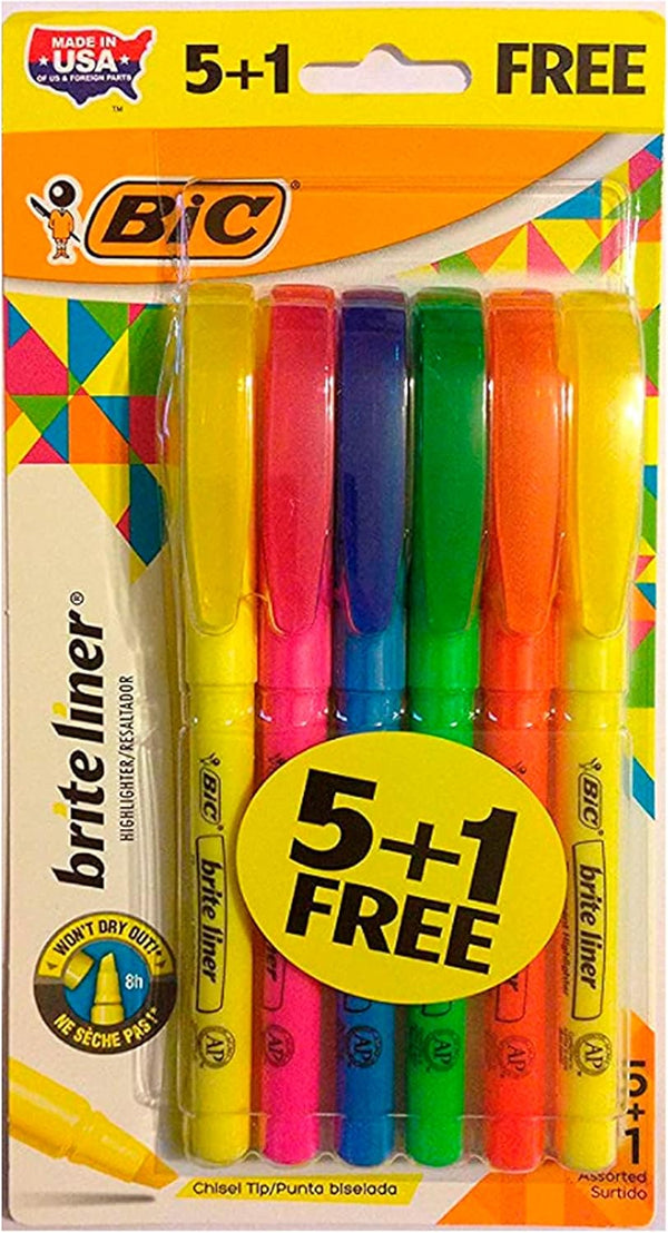 Bic Brite Liner Highlighters, Chisel Tip, Multi-Color Bonus Size Package, 5+1 Highlighters