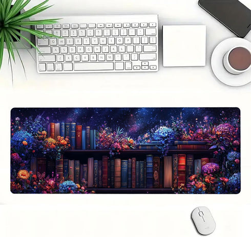 FZAZMLT 31.5x11.8 Inch Purple Bookshelf Large Mouse Pad Floral Books Magic Fantasy Witchy Mousepad XL Large Gaming