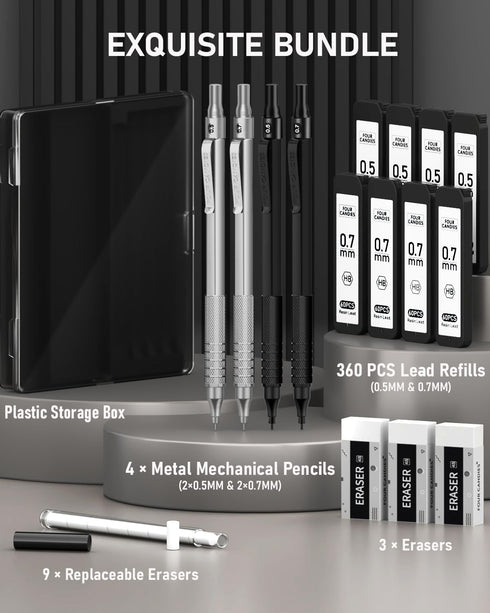 Four Candies 4PCS Metal Mechanical Pencils Set with Case, 0.5mm & 0.7mm Artist Pencil with 8 Tubes HB Lead