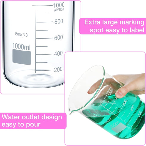 3 Pcs 1000ml Beaker, 3.3 Borosilicate Glass Griffin Low Form Measuring Cups for Laboratory and Daily Use