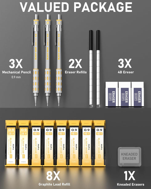 Nicpro Blocky Gear 0.9 mm Mechanical Pencils Set in Case, 3 Pack Metal Pencil with Lead Refills and Erasers