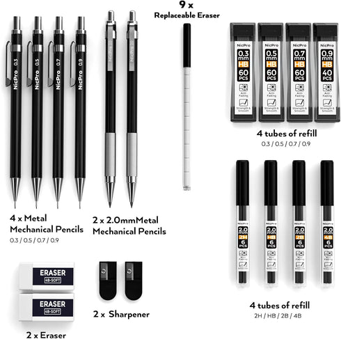 Nicpro 6 PCS Art Mechanical Pencil Set, Black Metal Drafting Pencils 0.3-0.9mm & 2PCS 2mm Graphite Lead Holder