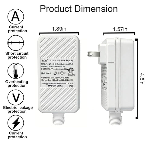 2 24V 2.5A 60W 100ft Class Power Supply for Permanent Outdoor Lights, Outdoor Power Adapter, LED Transformer