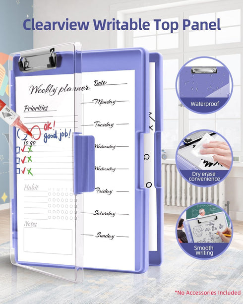 Clearview Clipboard with 2 Storage, Dry Erase 8.5x11 Heavy Duty ClipBoards - High Capacity Coaches Clip Board with Pen Holder - Side Opening Plastic Nursing Clip Case (Light Purple) by Sunnyclip