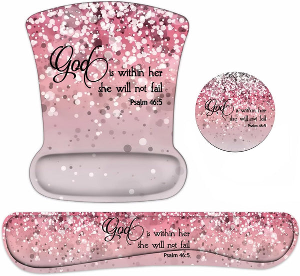 Keyboard Wrist Rest and Mouse Pad Wrist Support Set with Coasters, Bible Verses Psalm 46:5, Non-Slip PU Base Ergonomic