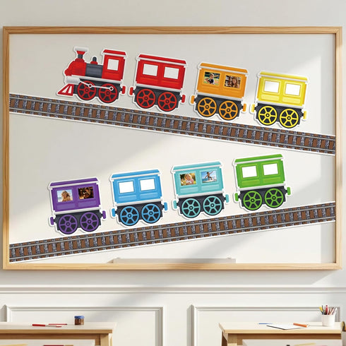 Mooliwe 23 Pcs Train Bulletin Board Decorations Set with Writable Train Cutouts 98ft