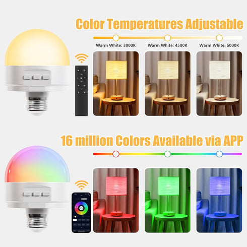MXhme E26 2.4Ghz Bulb Bulb E26 Fixture,Dimmable 3000K-6500K RGBWW,1Pack Rechargeable Light with Remote Control,Battery