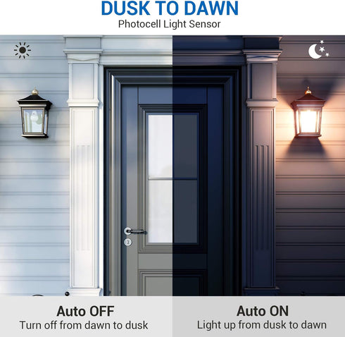 DEWENWILS 4 Pack A19 Dusk to Dawn LED Light Bulbs Outdoor, 9W (60W Equivalent) LED Light Bulb 2700K Warm White, Automatic On/Off Light Bulbs for porch courtyard, 800 LM, E26 Base, UL Listed by DEWENWILS