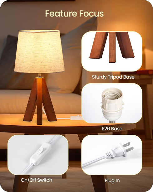 14.6 Inch E26 LE51TL05 Tripod Table Lamp, Small Bedside Lamp with Beige Linen Shade, Modern Nightstand Lamp